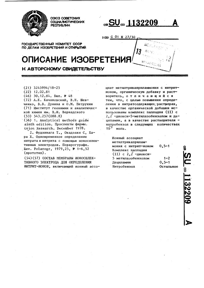 Состав мембраны ионоселективного электрода для определения нитрит-ионов (патент 1132209)
