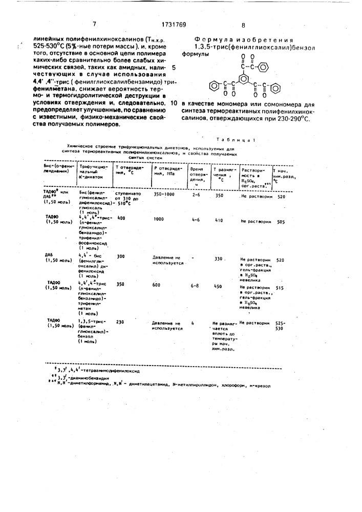1,3,5-трис(фенилглиоксалил)бензол в качестве мономера или сомономера для синтеза термореактивных полифенилхиноксалинов (патент 1731769)