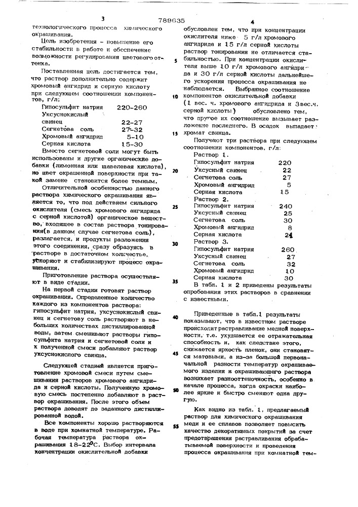 Раствор для химического тонирования меди и ее сплавов (патент 789635)