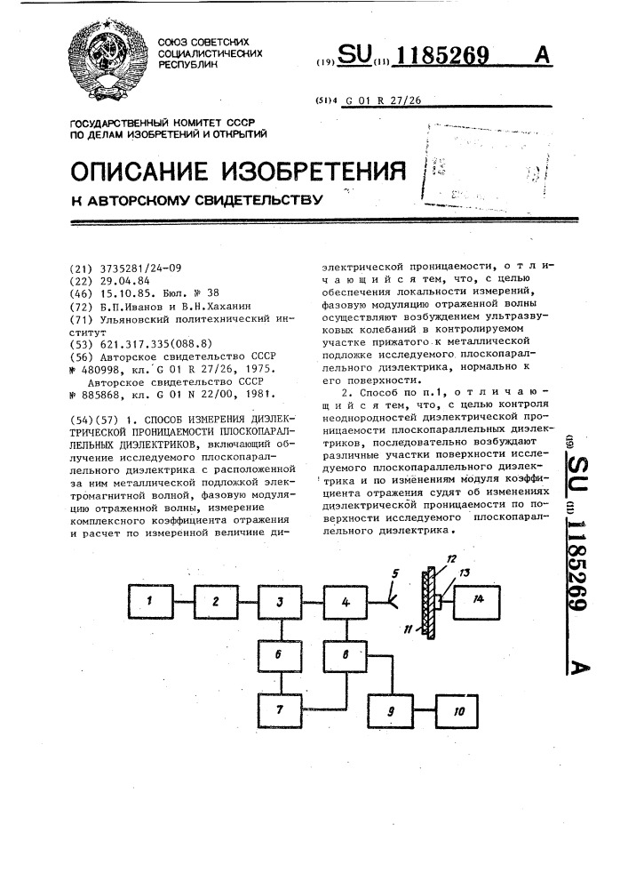 Способ измерения диэлектрической проницаемости плоскопараллельных диэлектриков (патент 1185269)