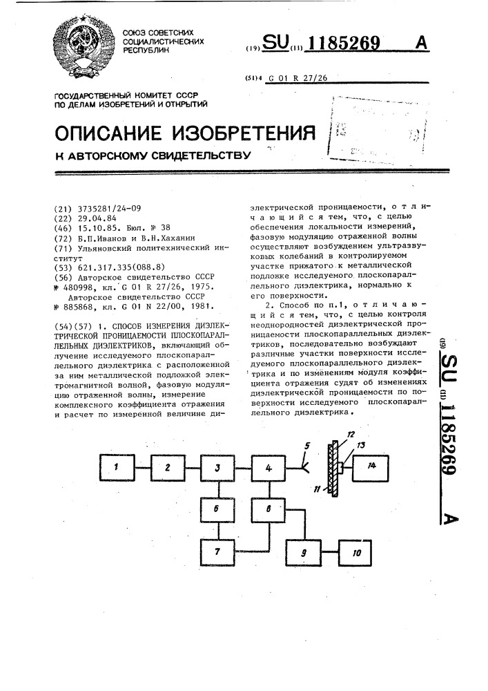 Способ измерения диэлектрической проницаемости плоскопараллельных диэлектриков (патент 1185269)