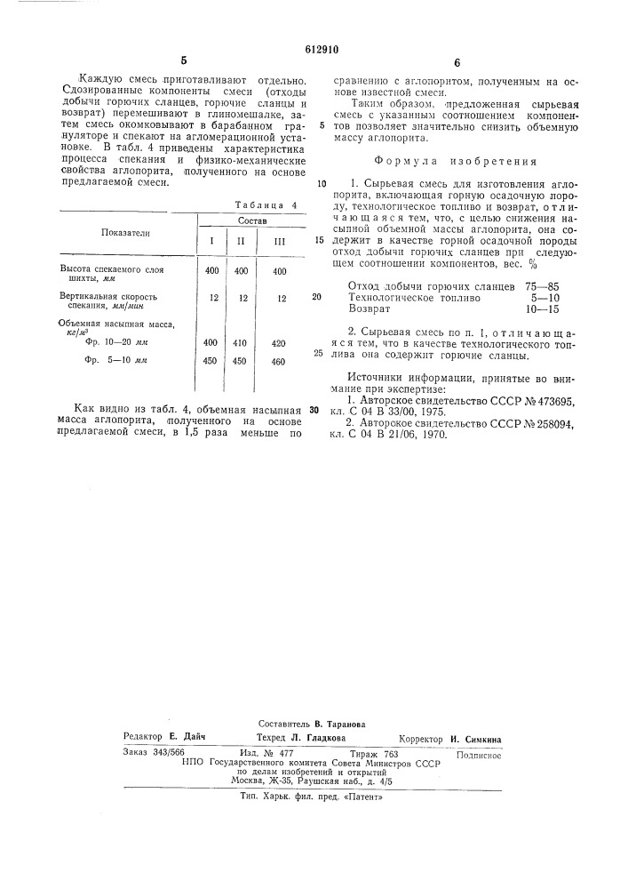 Сырьевая смесь для изготовления аглопорита (патент 612910)