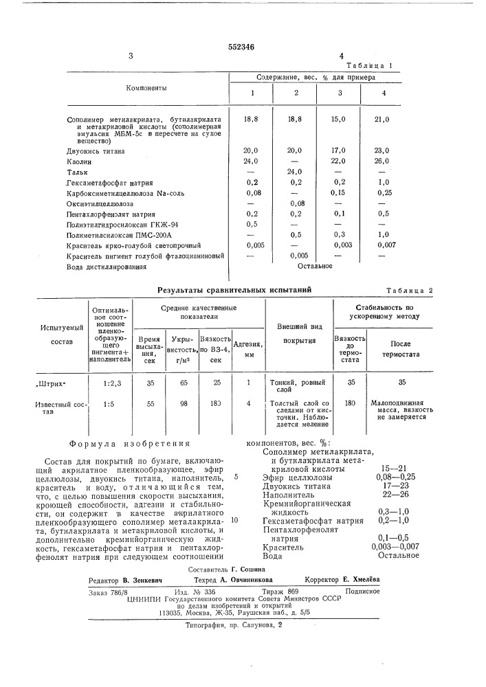 Состав для покрытий по бумаге (патент 552346)