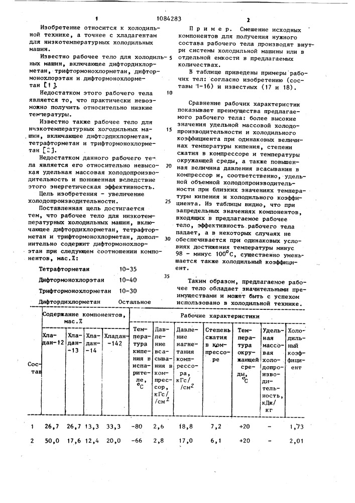 Рабочее тело для низкотемпературных холодильных машин (патент 1084283)