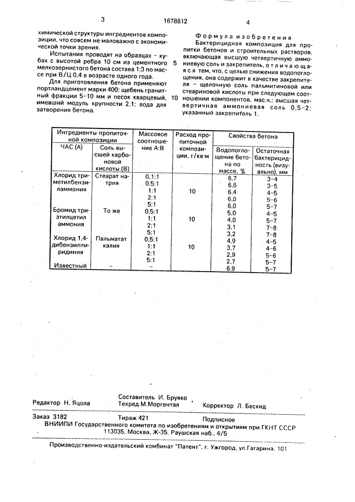 Бактерицидная композиция для пропитки бетонов и строительных растворов (патент 1678812)