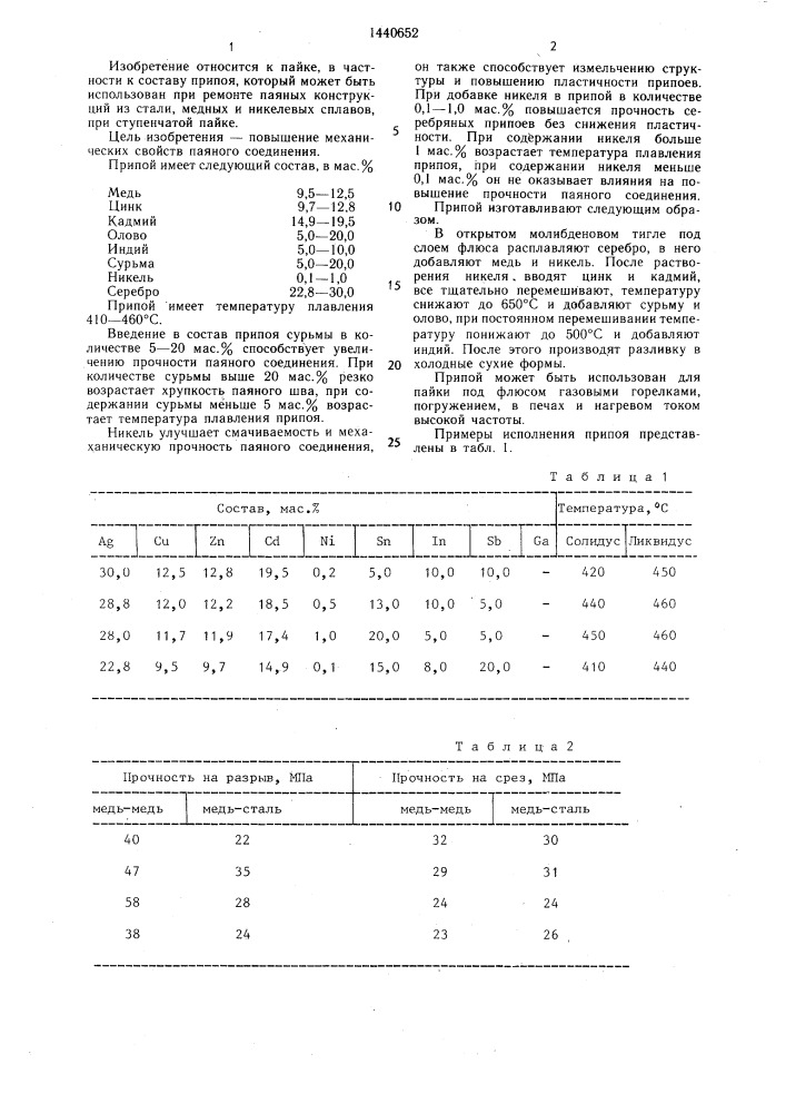 Низкотемпературный припой для пайки (патент 1440652)