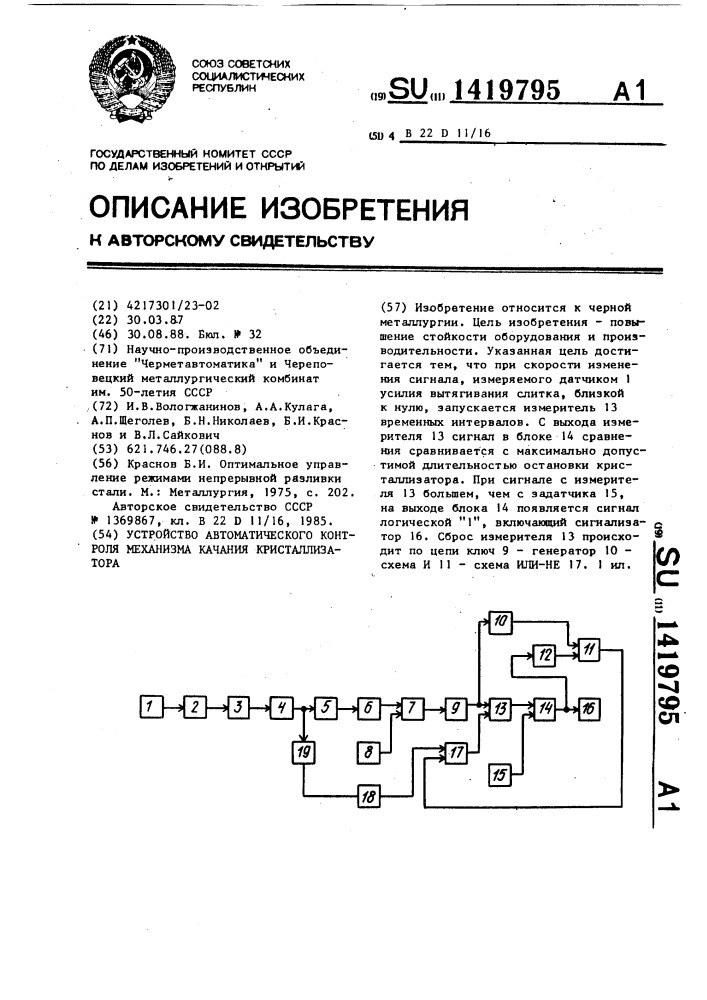 Устройство автоматического контроля механизма качания кристаллизатора (патент 1419795)