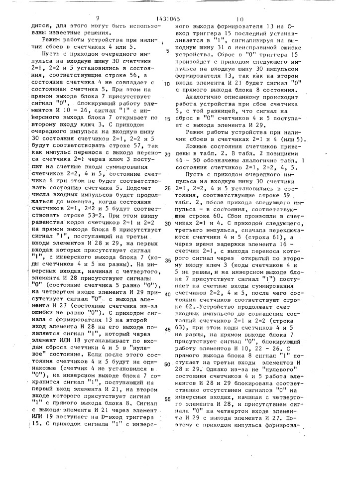 Счетное устройство с контролем и исправлением ошибок (патент 1431065)