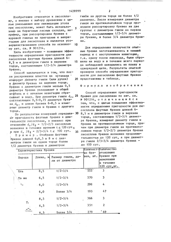 Способ определения пригодности бревен для лесосплава (патент 1428999)