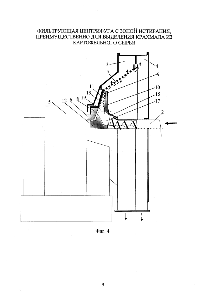 Фильтрующая центрифуга с зоной истирания, преимущественно для выделения крахмала из картофельного сырья (патент 2599667)