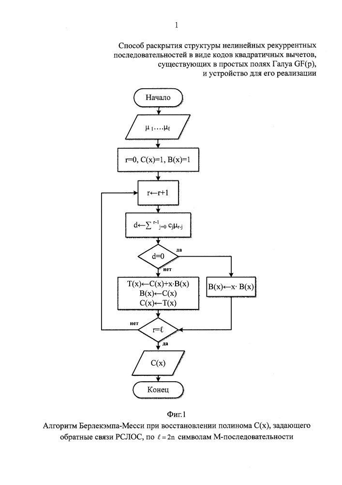 Способ раскрытия структуры нелинейных рекуррентных последовательностей в виде кодов квадратичных вычетов, существующих в простых полях галуа gf(p), и устройство для его реализации (патент 2661542)
