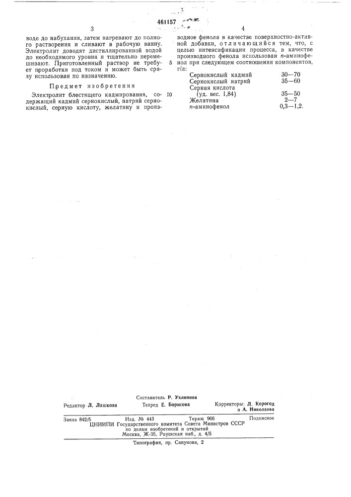 Электролит блестящего кадмирования (патент 461157)