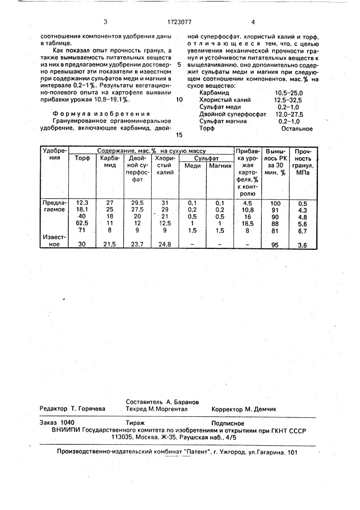 Гранулированное органоминеральное удобрение (патент 1723077)