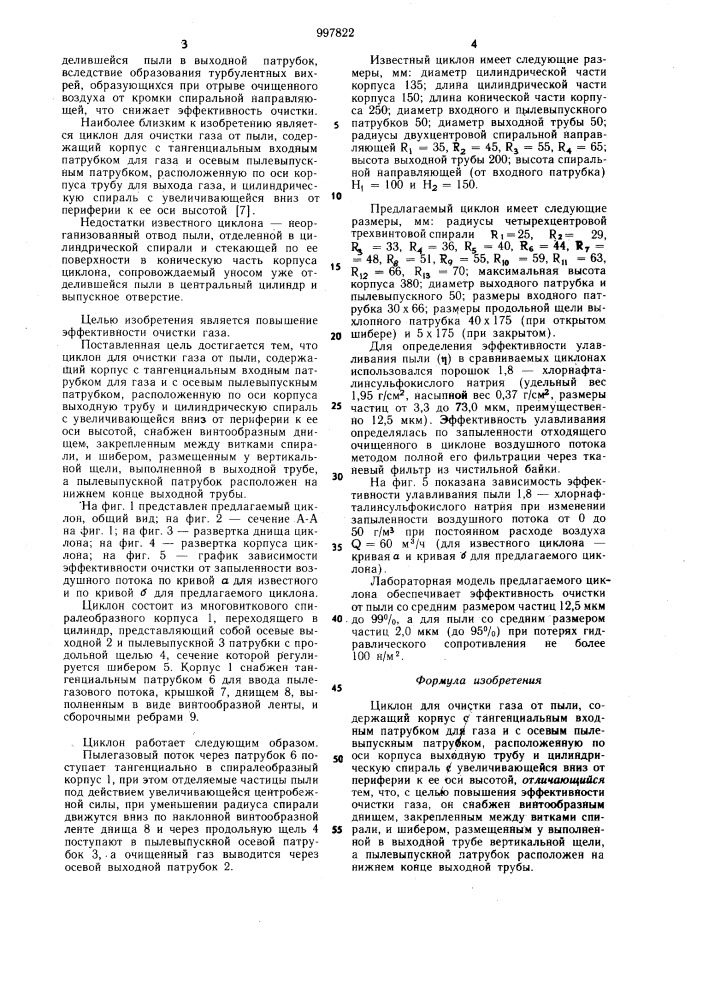 Циклон для очистки газа от пыли (патент 997822)
