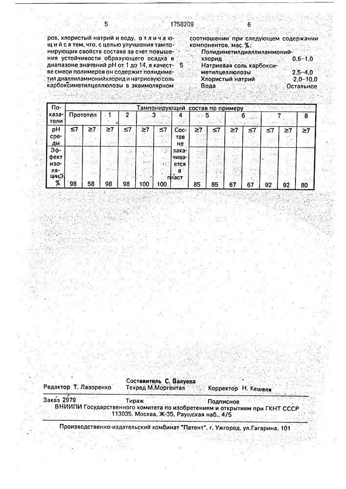 Тампонирующий состав для гидроизоляции пласта (патент 1758209)