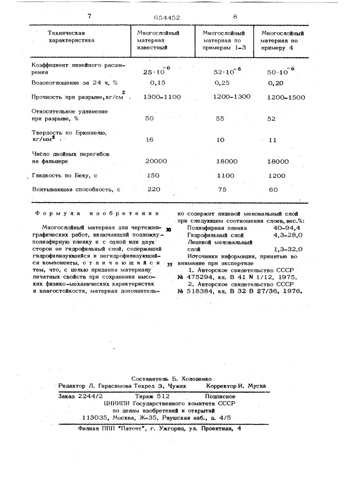 Многослойный материал для чертежнографических работ (патент 654452)