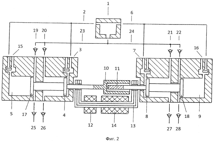 Двухцилиндровый свободнопоршневой энергомодуль с общей внешней камерой сгорания и линейным электрогенератором с оппозитным движением якорей (патент 2422655)