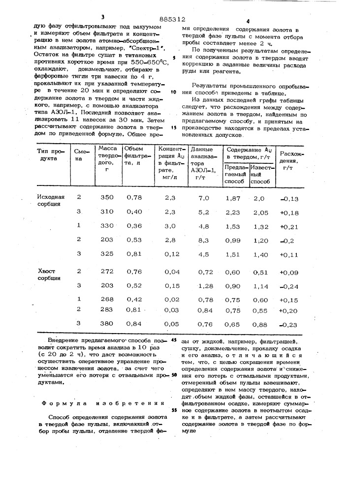 Способ определения содержания золота в твердой фазе пульпы (патент 885312)