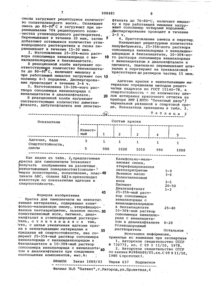 Краска для тампопечати на невпитывающих материалах (патент 998481)