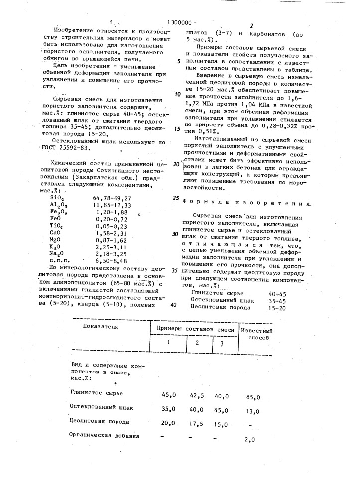 Сырьевая смесь для изготовления пористого заполнителя (патент 1300000)