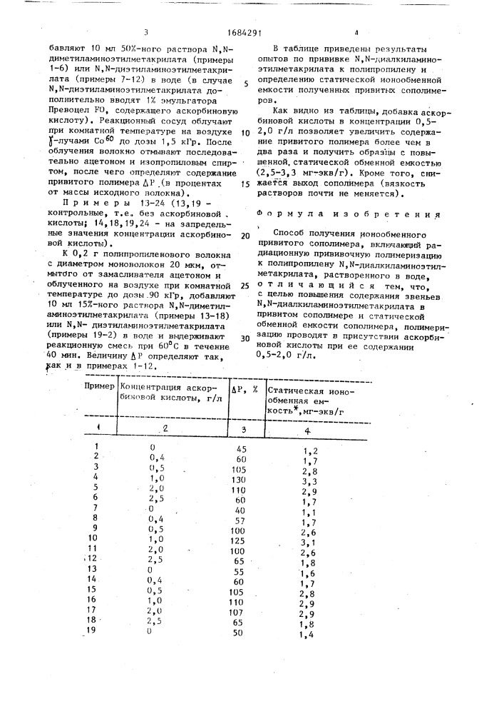 Способ получения ионообменного привитого сополимера (патент 1684291)