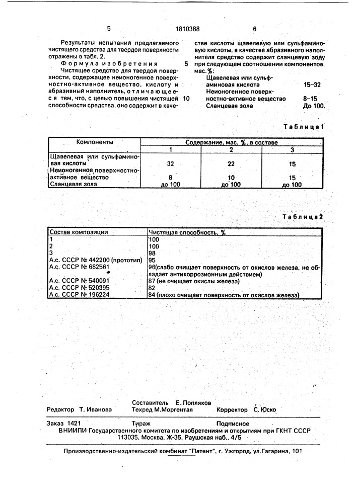 Чистящее средство для твердой поверхности (патент 1810388)