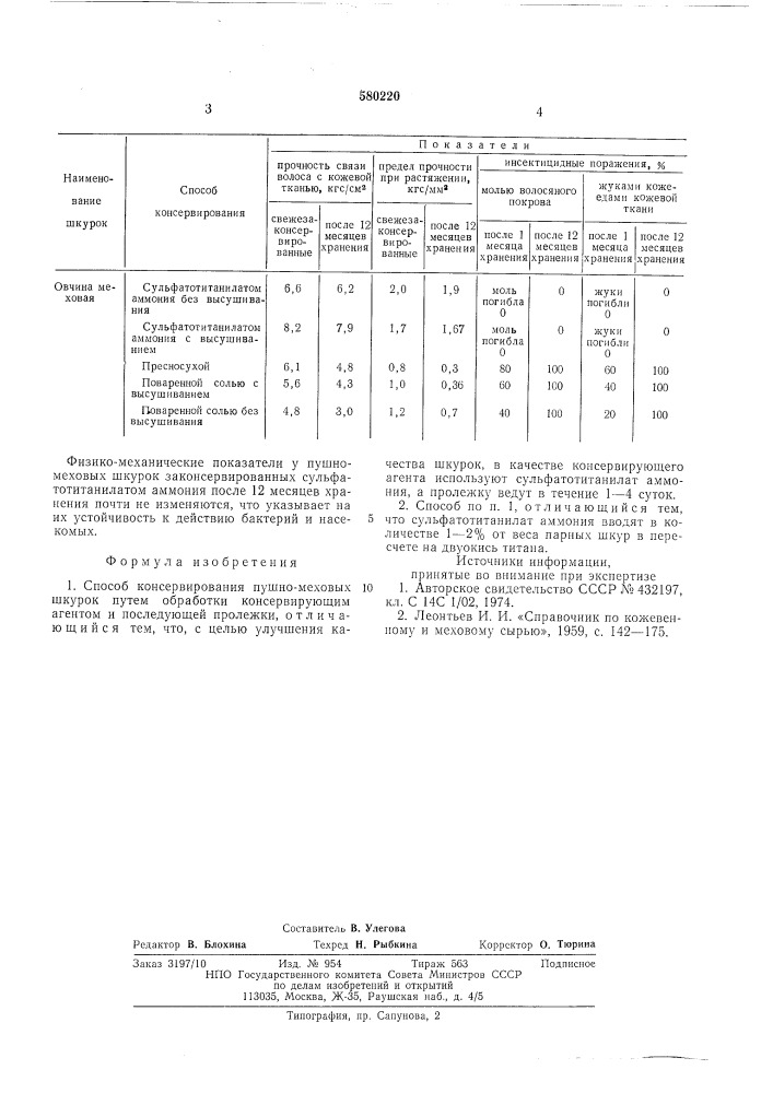 Способ консервирования пушно-меховых шкурок (патент 580220)