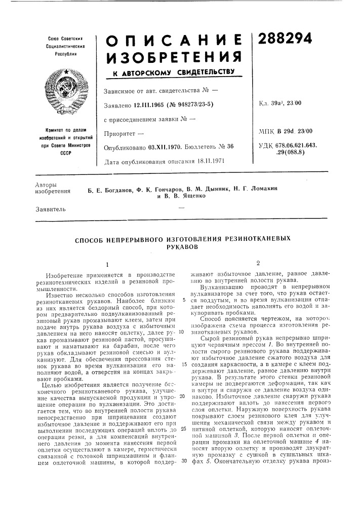 Способ непрерывного изготовления резинотканевыхрукавов (патент 288294)