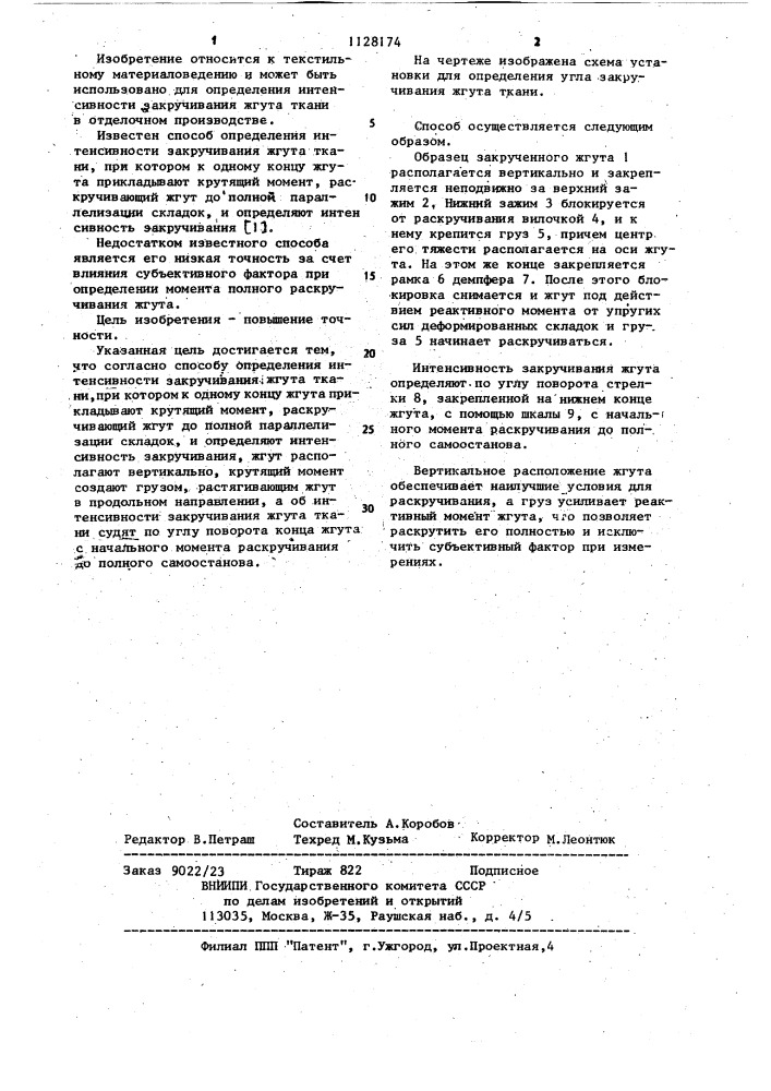 Способ определения интенсивности закручивания жгута ткани (патент 1128174)