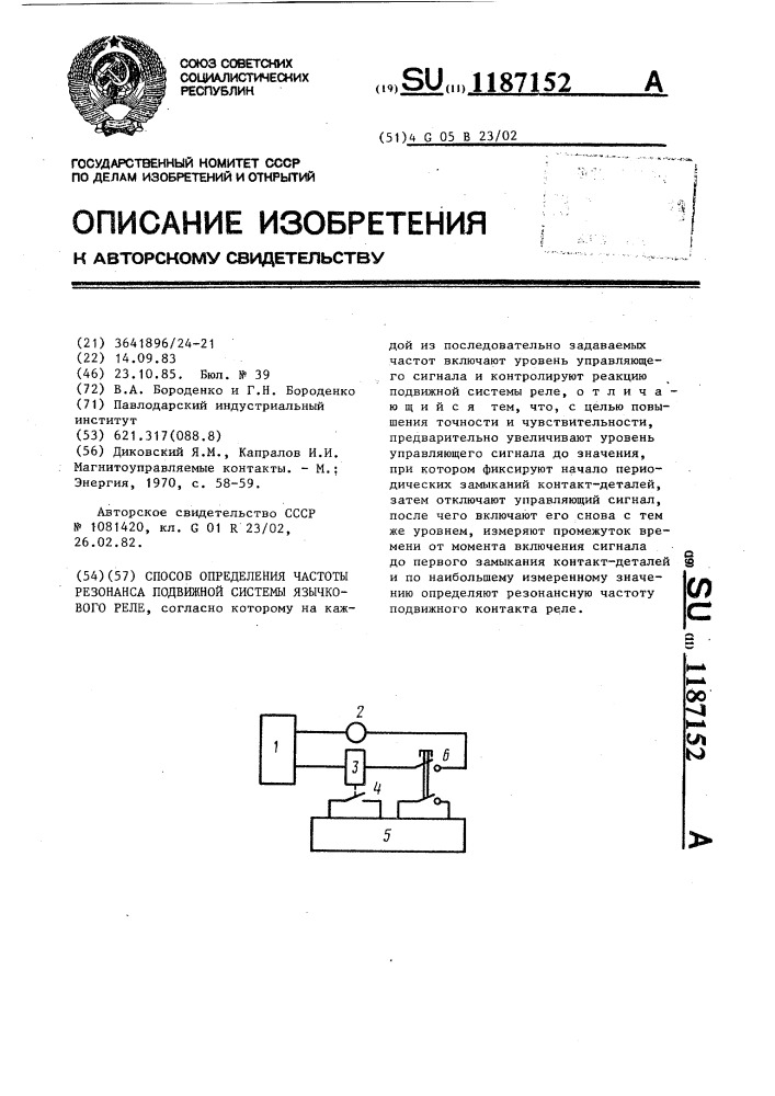 Способ определения частоты резонанса подвижной системы язычкового реле (патент 1187152)