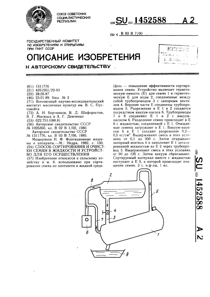 Способ сортирования и очистки семян в жидкости и устройство для его осуществления (патент 1452588)