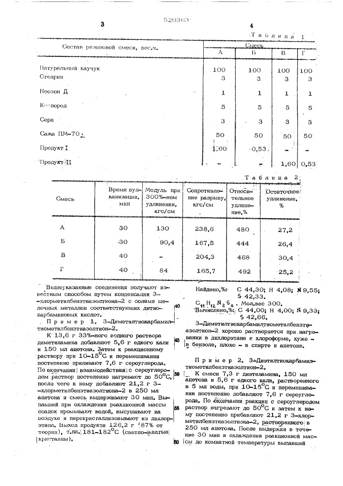 Производные 3-тиокарбамилтиометилбензтиазолтиона-2 как ускорители серной вулканизации резиновых смесей на основе каучуков общего назначения (патент 520363)