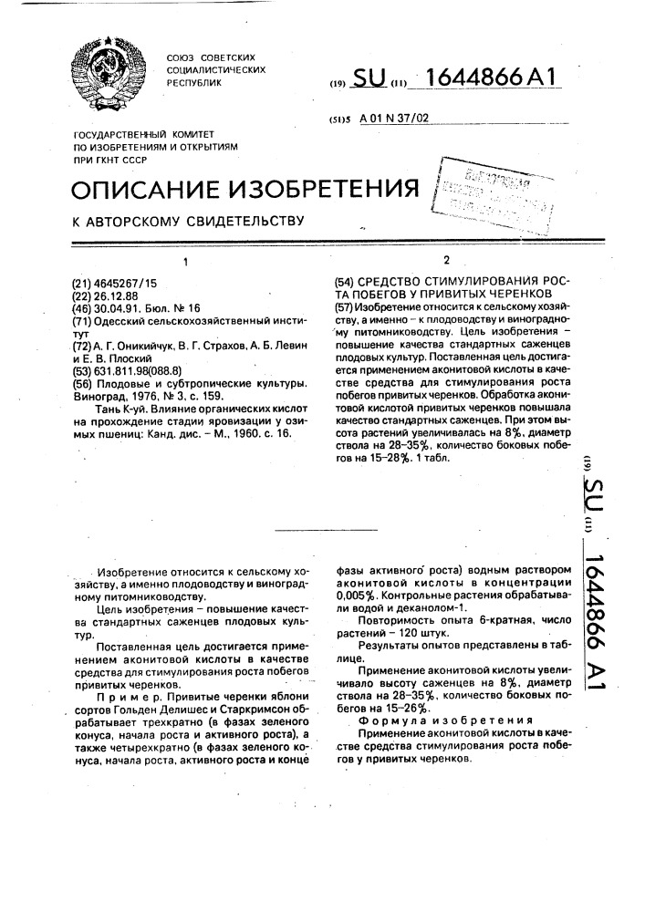 Средство стимулирования роста побегов у привитых черенков (патент 1644866)