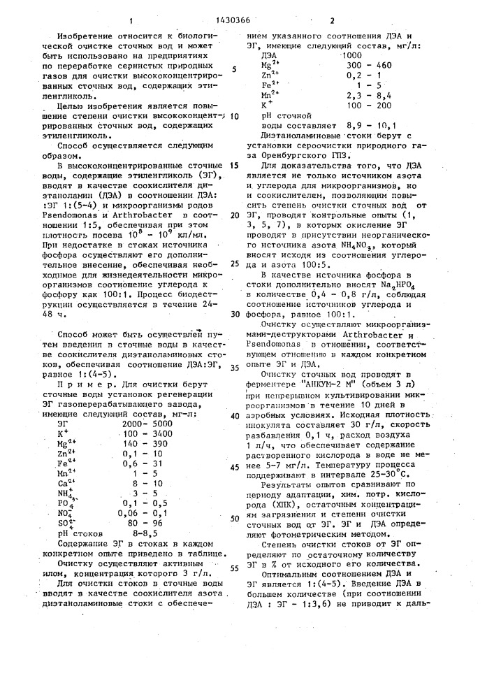 Способ биологической очистки высококонцентрированных сточных вод от этиленгликоля (патент 1430366)