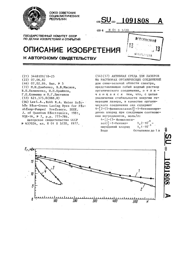 Активная среда для лазеров на растворах органических соединений (патент 1091808)
