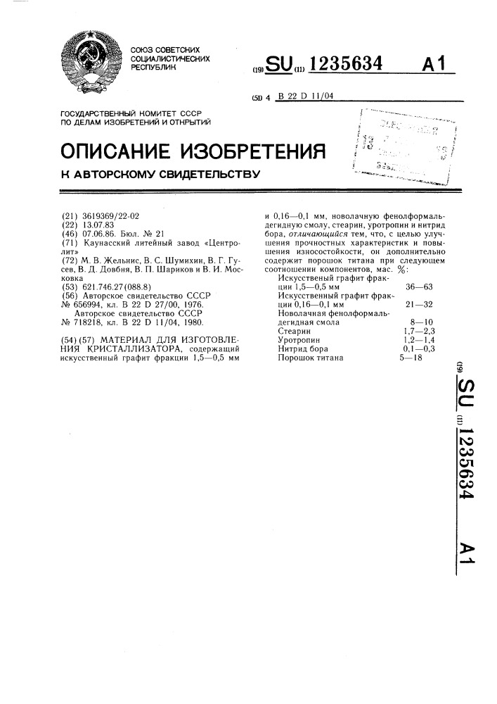 Материал для изготовления кристаллизатора (патент 1235634)