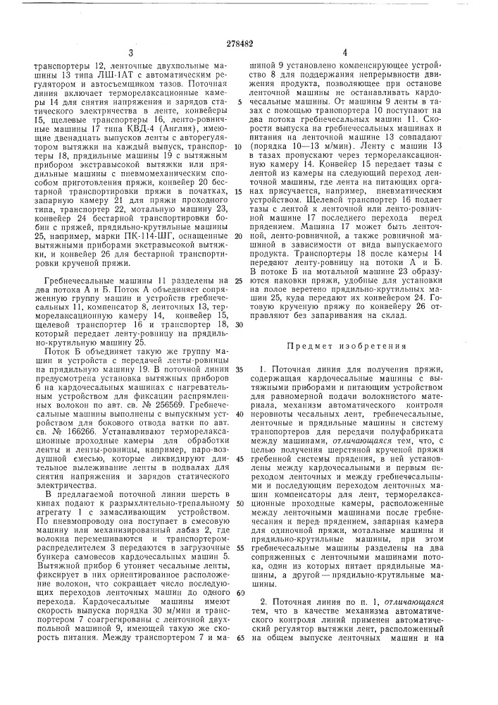 Поточная линия для получения пряжи (патент 278482)