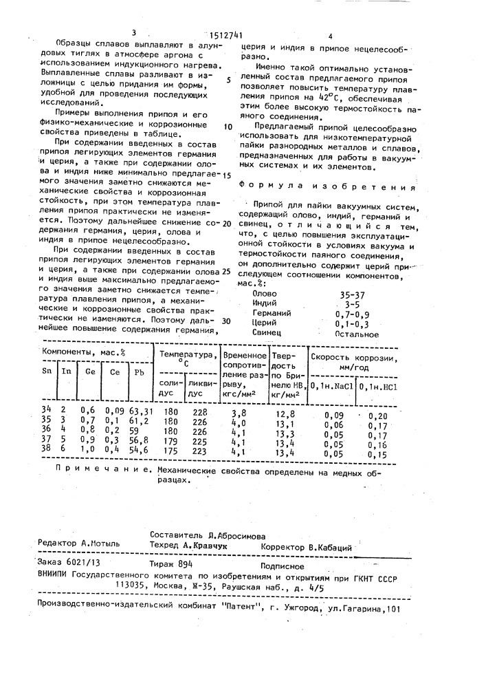 Припой для пайки вакуумных систем (патент 1512741)