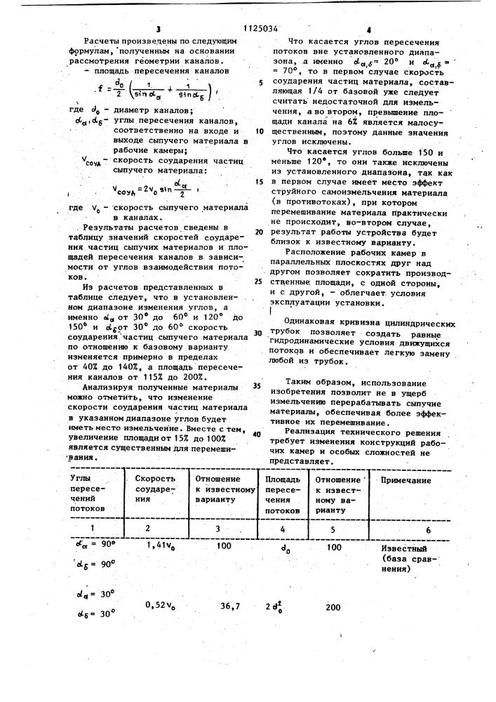 Устройство для смешения и измельчения сыпучих материалов в многократно пересекающихся газовых потоках (патент 1125034)