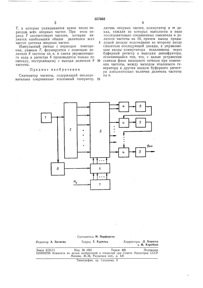Синтезатор частотывсесоюзналпатентно-т[хв^^^ещ1шбиблиотека (патент 357660)