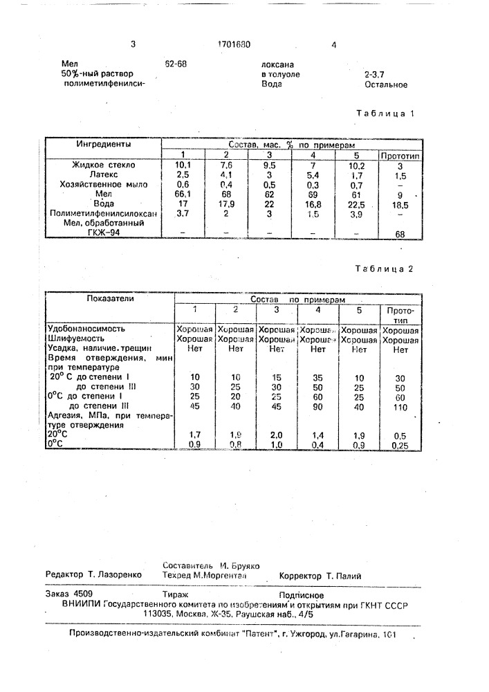 Шпаклевка (патент 1701680)