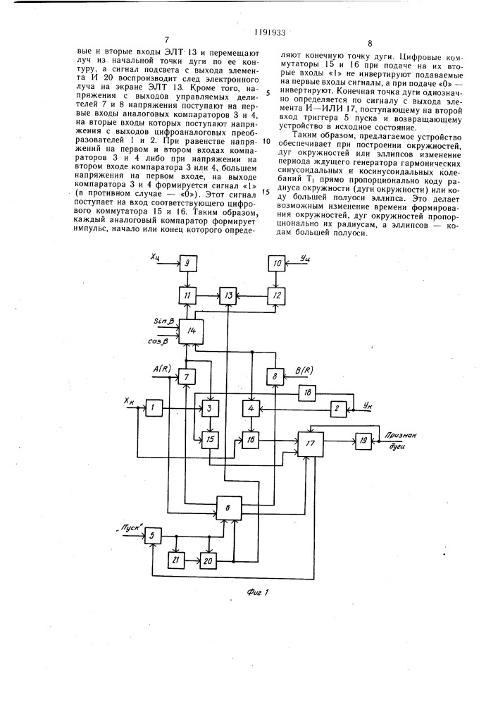 Устройство для отображения дуг,окружностей и эллипсов на экране электронно-лучевой трубки (патент 1191933)