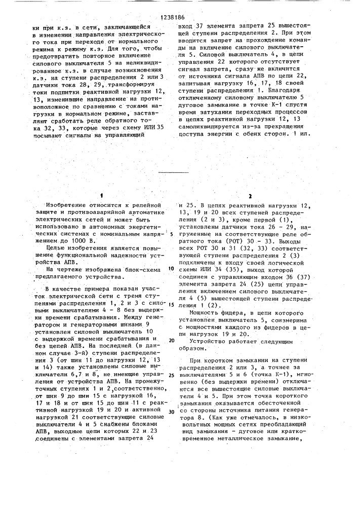 Устройство автоматического повторного включения участков распределительной сети автономных энергосистем (патент 1238186)