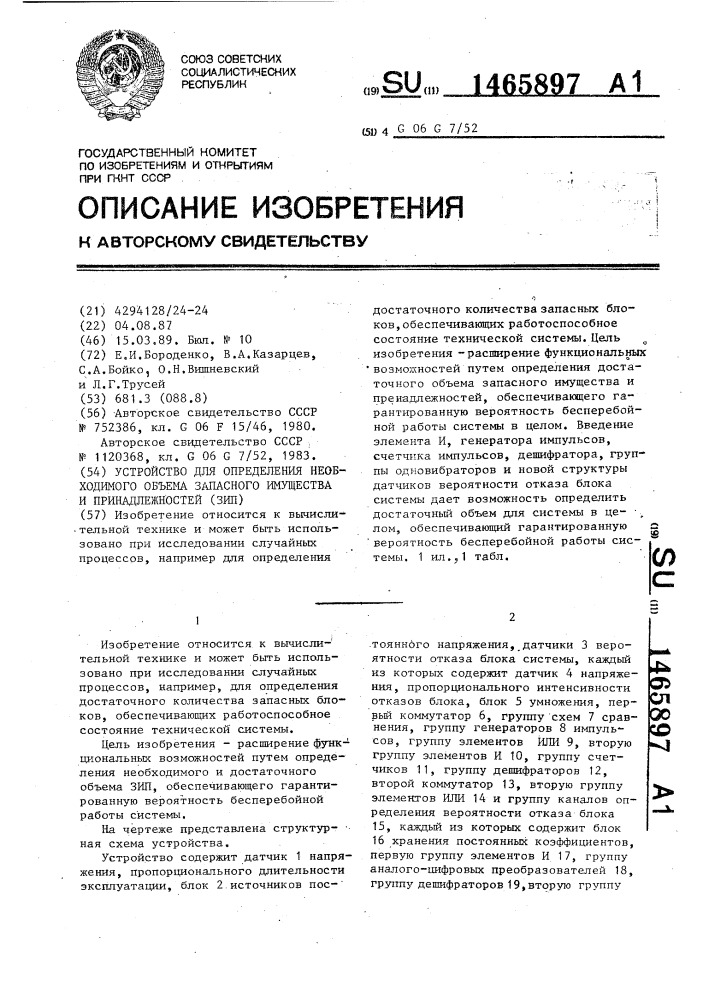 Устройство для определения необходимого объема запасного имущества и принадлежностей (патент 1465897)