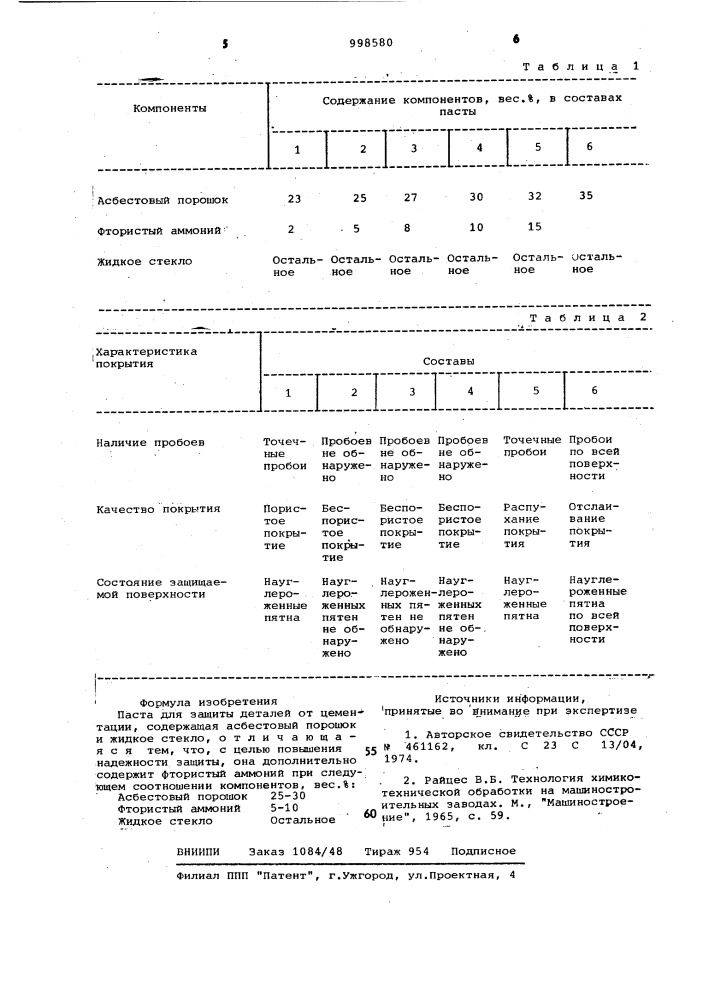 Паста для защиты деталей от цементации (патент 998580)