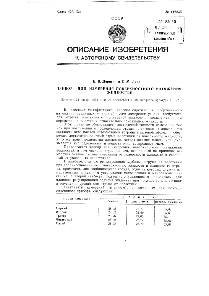 Прибор для измерения поверхностного натяжения жидкостей (патент 116835)