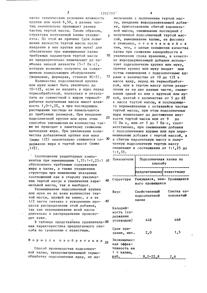 Способ производства подсолнечной халвы (патент 1292703)