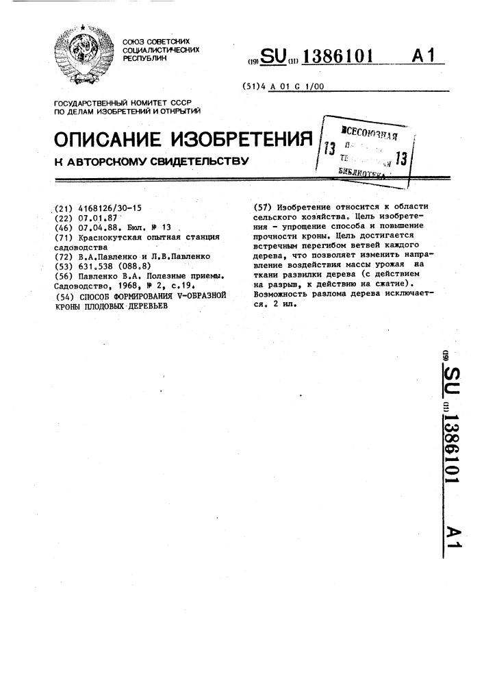 Способ формирования @ -образной кроны плодовых деревьев (патент 1386101)