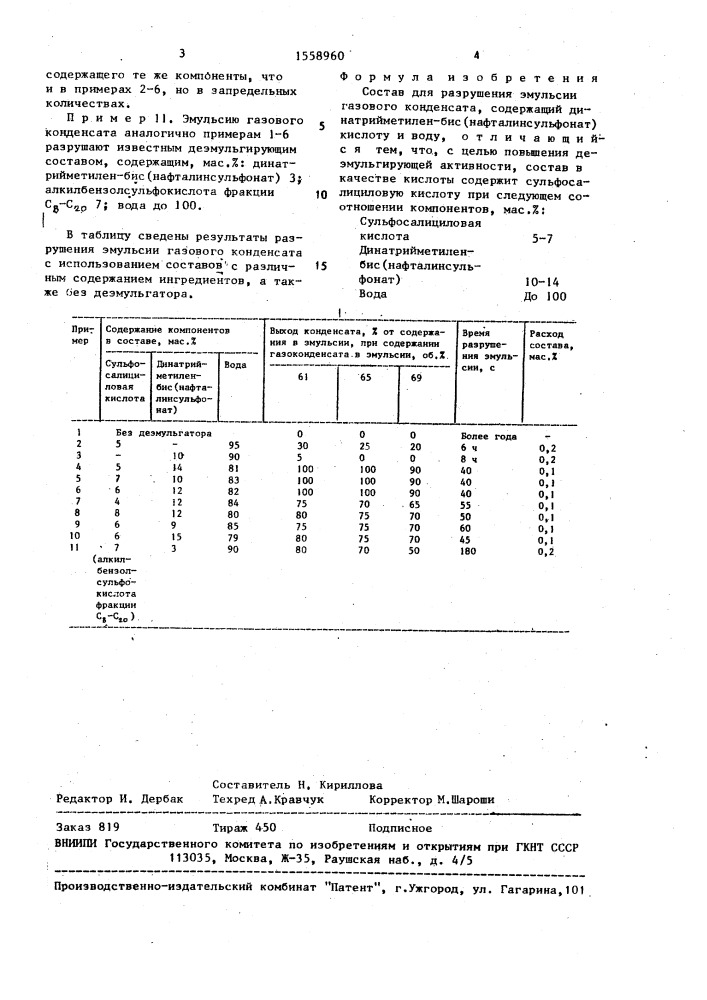 Состав для разрушения эмульсии газового конденсата (патент 1558960)