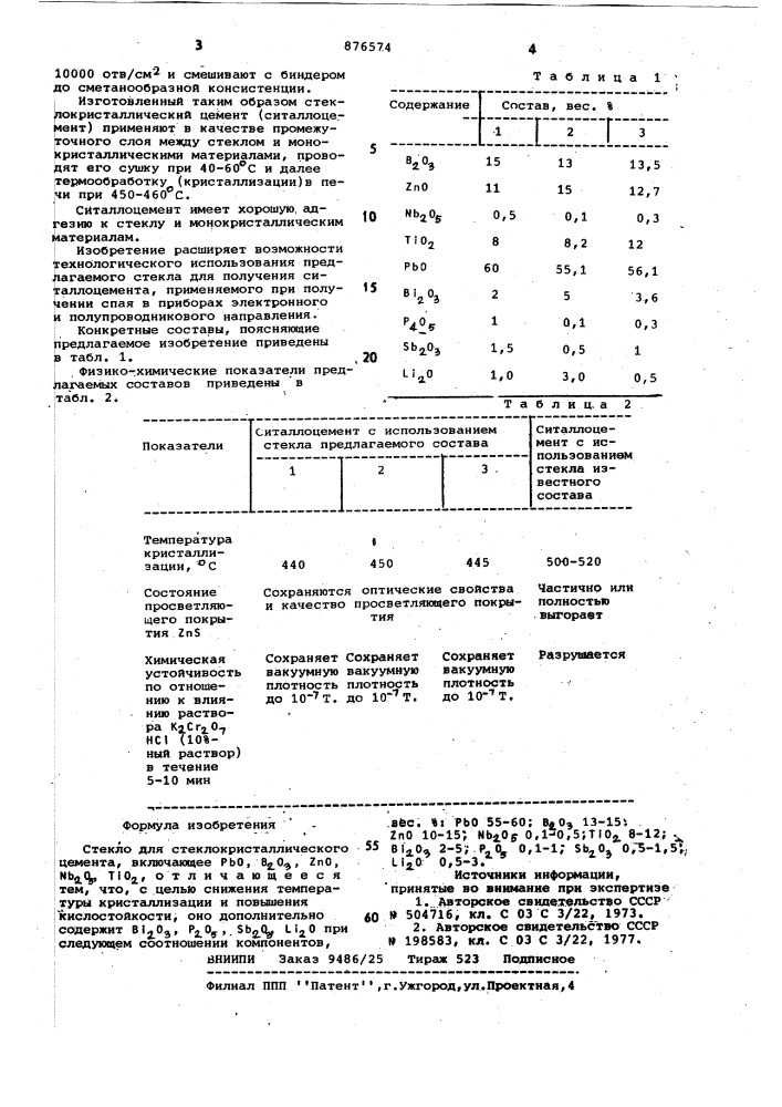 Стекло для стеклокристаллического цемента (патент 876574)